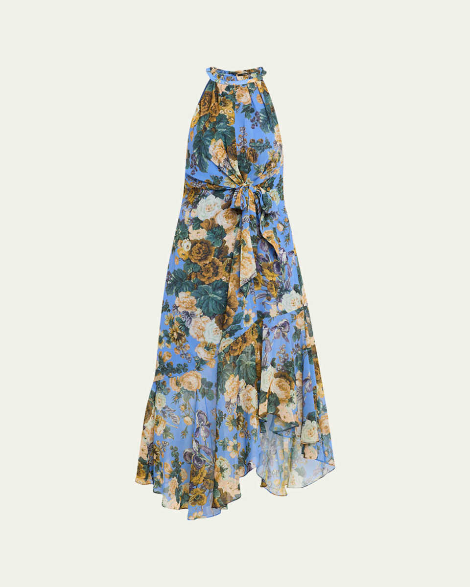 Emery Asymmetric Floral-Print Halter Midi Dress